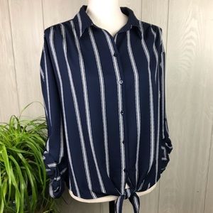 NWT Charter Club striped roll tab button down tie front collared top